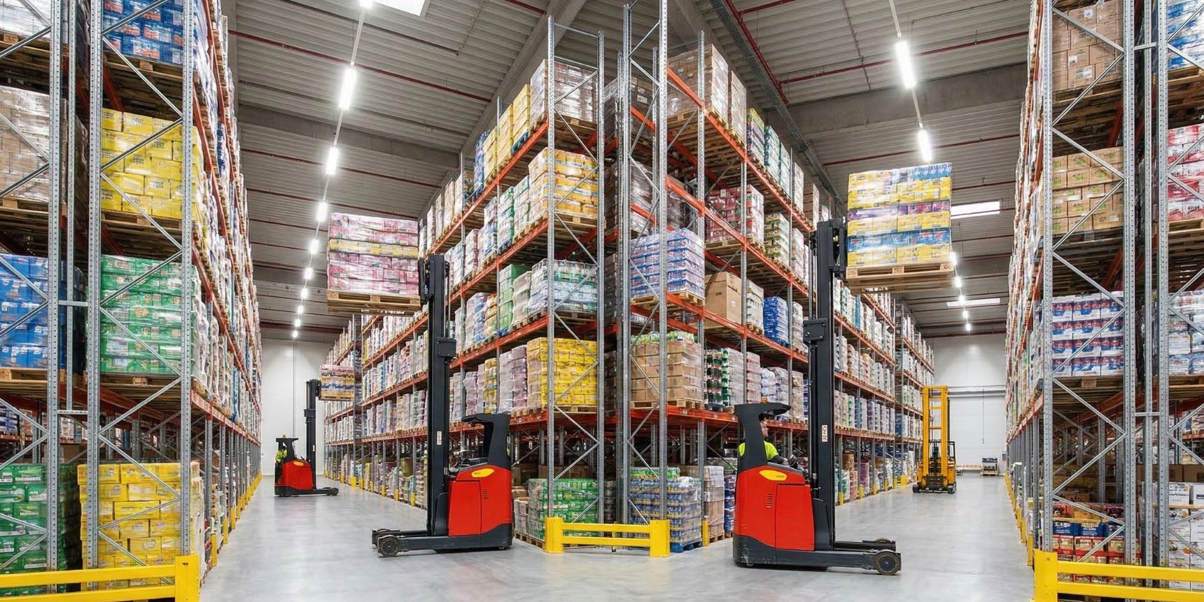  Eine weitläufige Aufnahme eines modernen Breitganglagers, in dem ein roter Schubmaststapler in einem breiten Gang eine Palette einlagert. Die Stahlregale sind hoch und voll beladen. Gelber Anfahrschutz ist an den Stützen sichtbar.